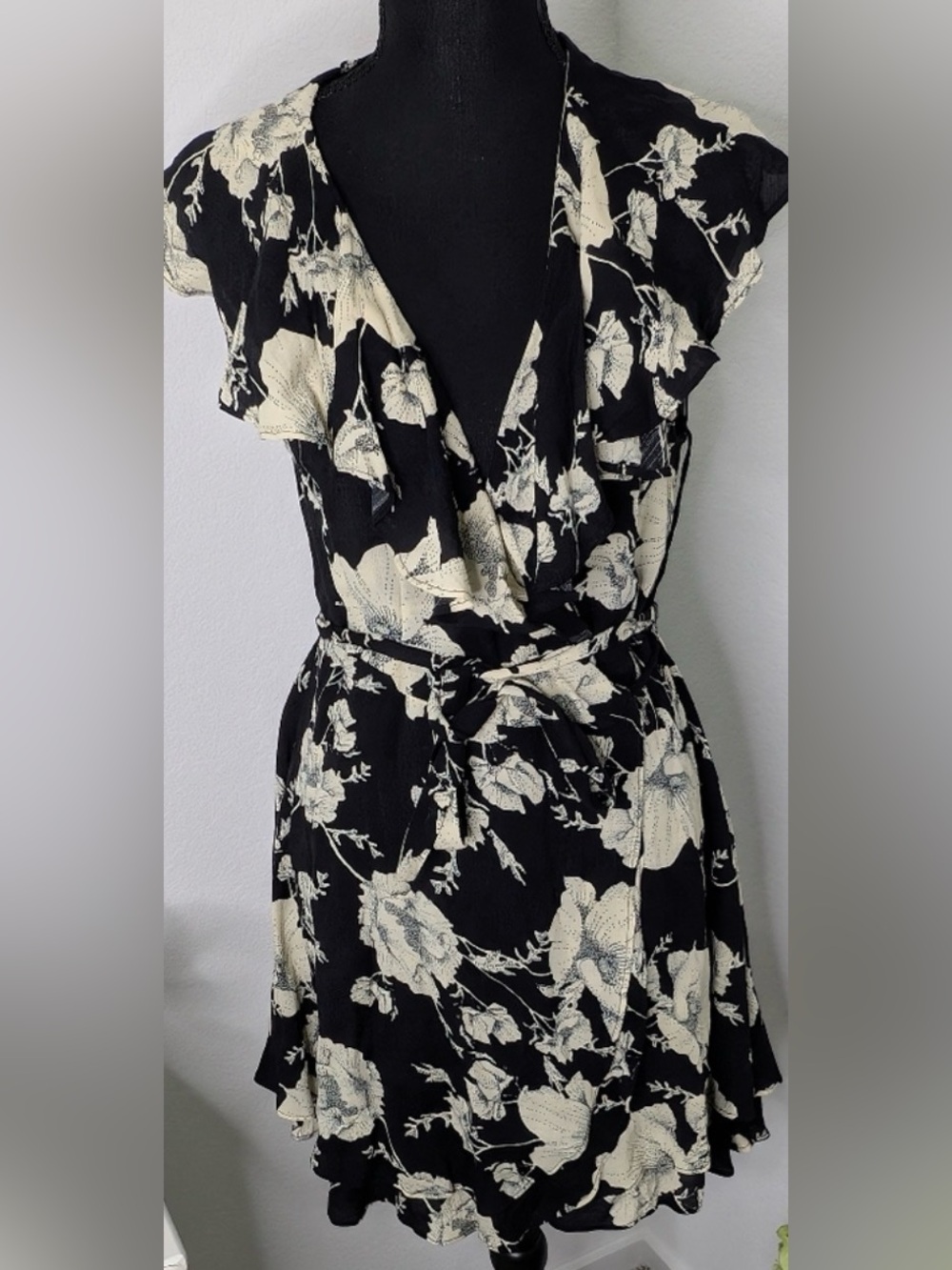 Free People Black & White Floral Mini Wrap Dress - Picture 2 of 6